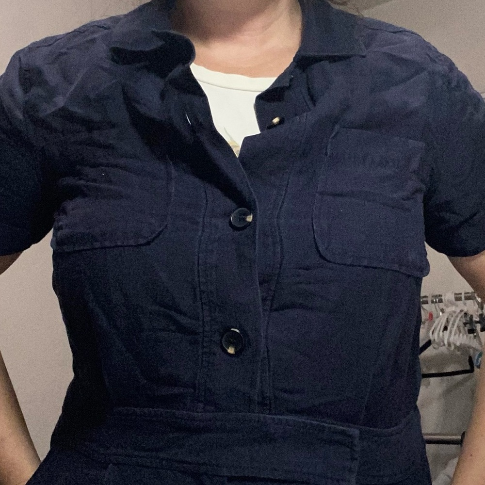 Ann Taylor Linen Blend Navy Blue Jumpsuit Romper 14 Lightweight Cargo Summer - Picture 16 of 16